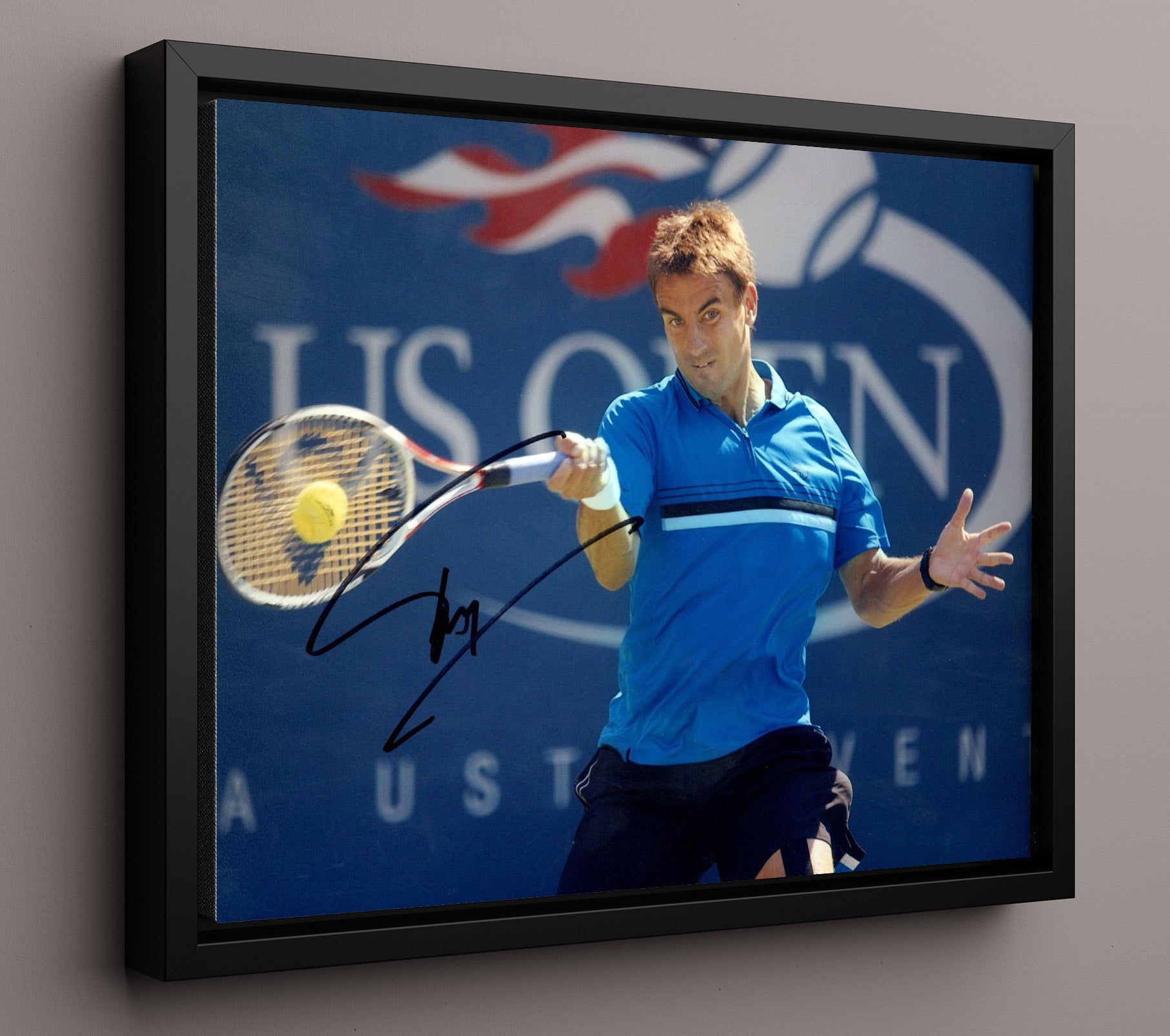 Tommy Robredo - Forehand at US Open Tennis Wall Art 16x20 Framed Canvas wall art print – Tennis Wall Art decor