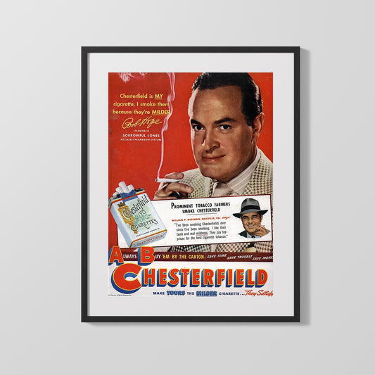 Vintage Advertisement Poster - Chesterfield Cigarettes - Bob Hopes mild choice Vintage Advertising Vintage Framed Prints Gallery Frame 16x20