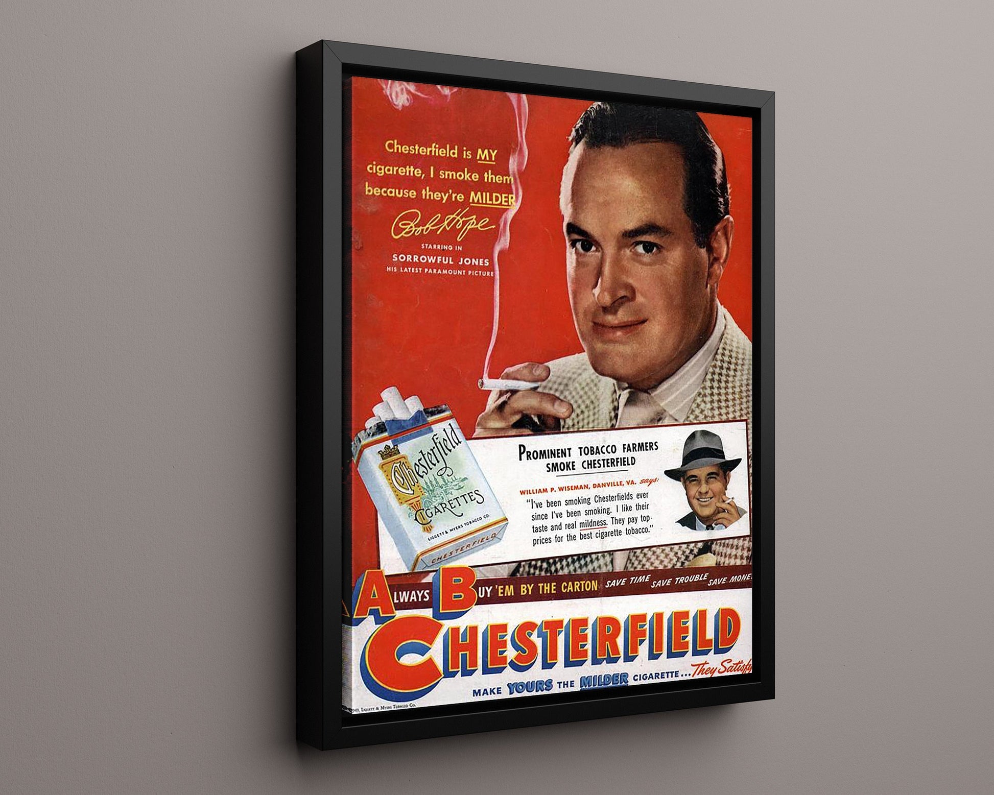 Vintage Advertisement Poster - Chesterfield Cigarettes - Bob Hopes mild choice 20x24 Canvas vintage advertising wall art print – Vintage Advertising decor