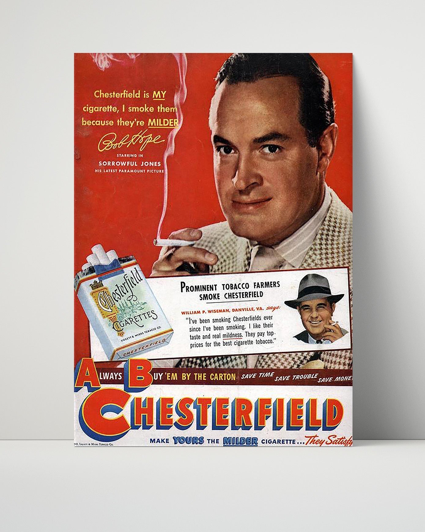 Vintage Advertisement Poster - Chesterfield Cigarettes - Bob Hopes mild choice 16x20 Unframed Print vintage advertising wall art print – Vintage Advertising decor