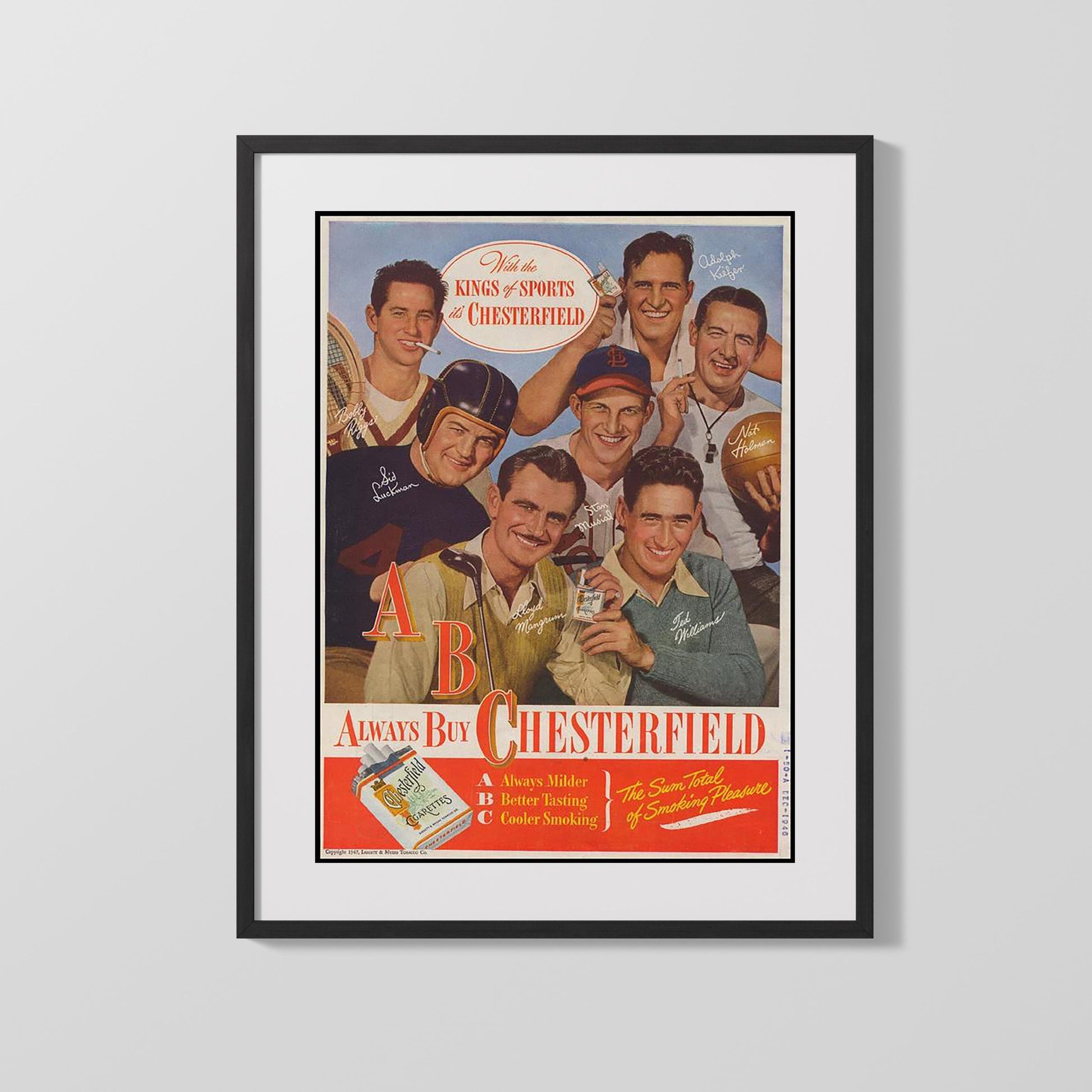 Vintage Advertisement Poster - Chesterfield Cigarettes - Sportsmen seal of approval 16x20 Gallery Frame vintage advertising wall art print – Vintage Advertising decor