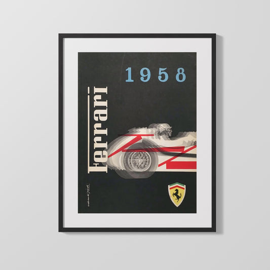 Vintage Advertisement Poster - Ferrari 1958 - Racing into history at full speed Vintage Advertising Vintage Framed Prints Gallery Frame 16x20