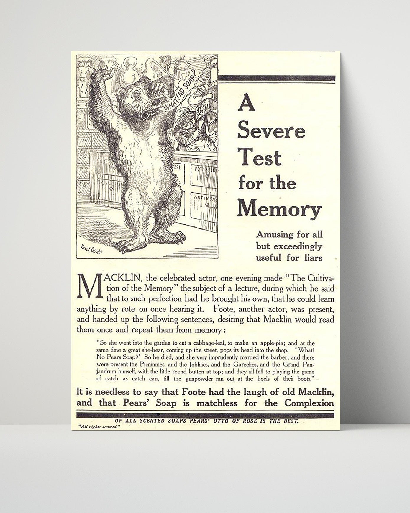 Vintage Advertisement Poster - Pears Soap - A bear-y unforgettable clean 16x20 Unframed Print vintage advertising wall art print – Vintage Advertising decor