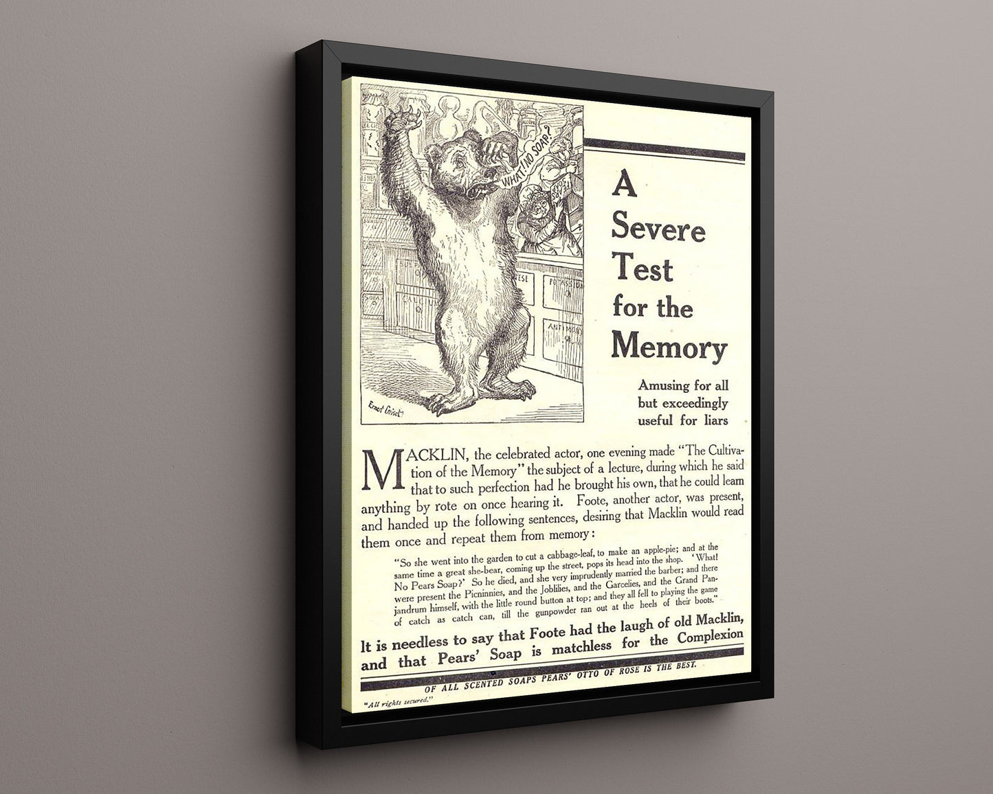 Vintage Advertisement Poster - Pears Soap - A bear-y unforgettable clean 20x24 Canvas vintage advertising wall art print – Vintage Advertising decor