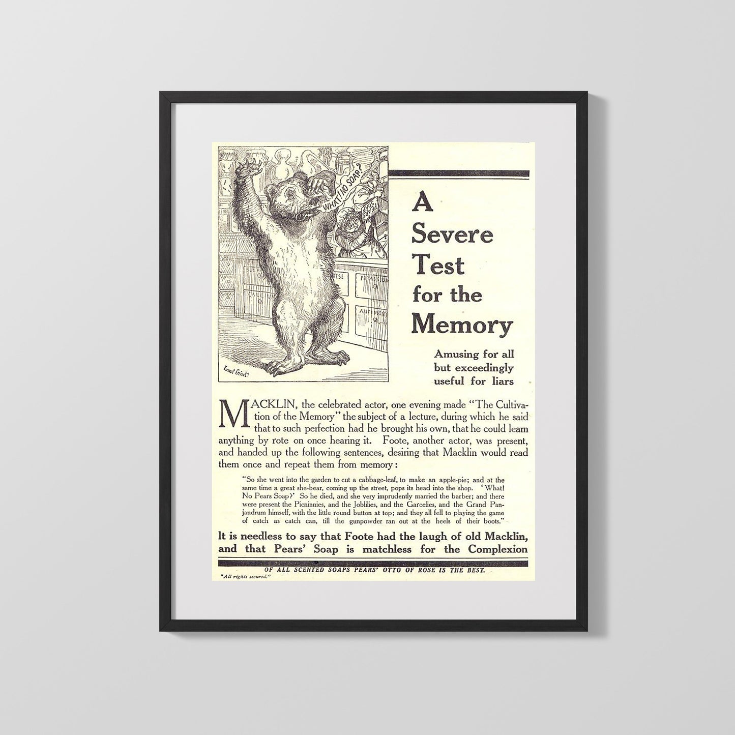 Vintage Advertisement Poster - Pears Soap - A bear-y unforgettable clean 16x20 Gallery Frame vintage advertising wall art print – Vintage Advertising decor