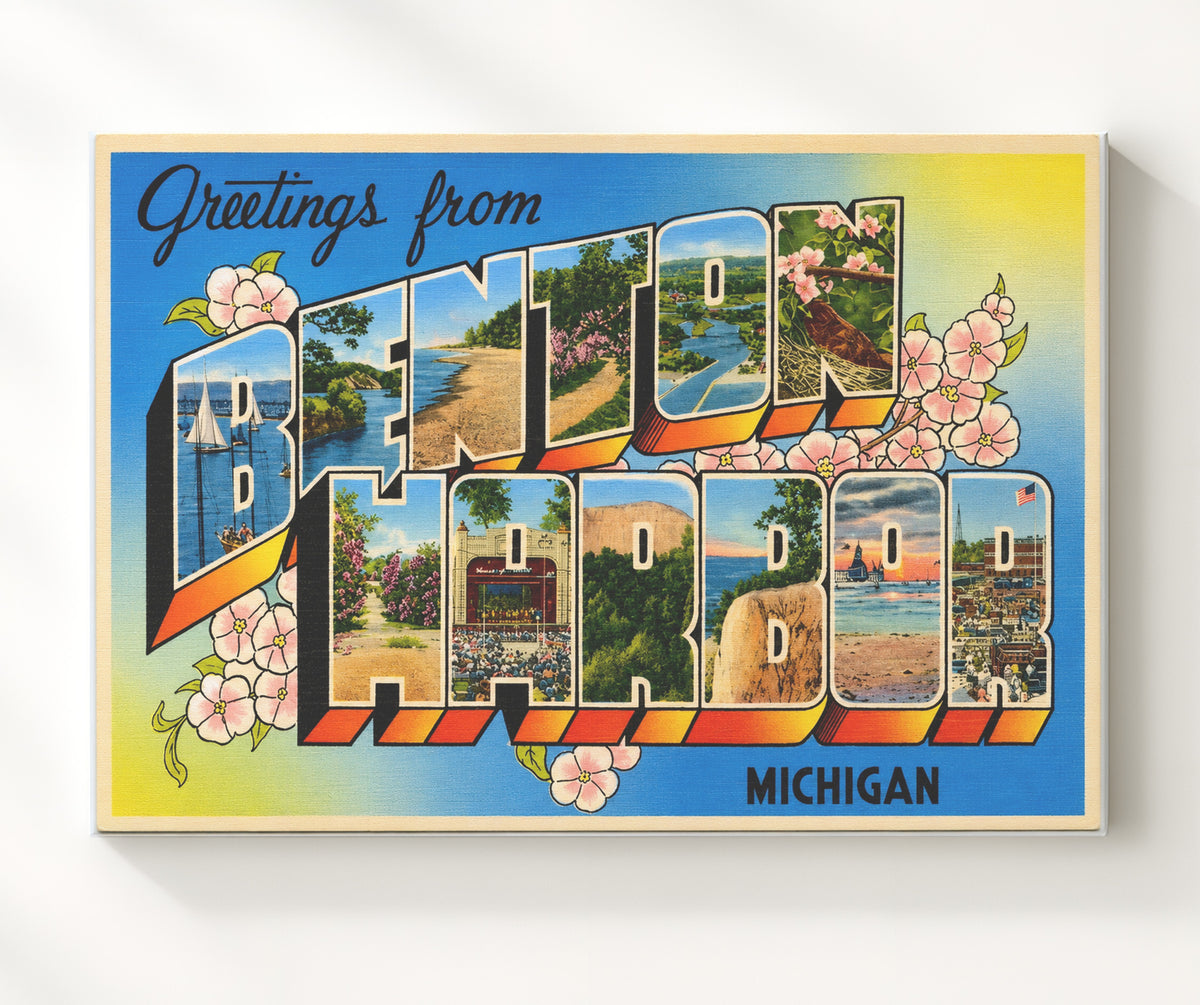 Greetings from Benton Harbor, Michigan 8x10 Canvas vintage postcard wall art
