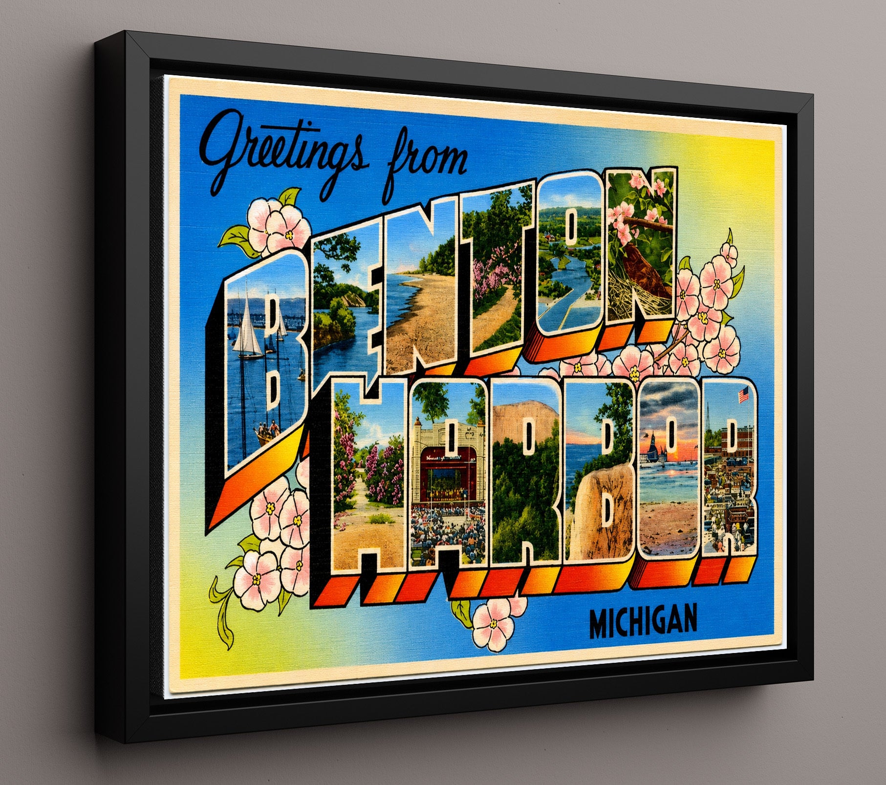 Greetings from Benton Harbor, Michigan 8x10 Framed Canvas vintage postcard wall art