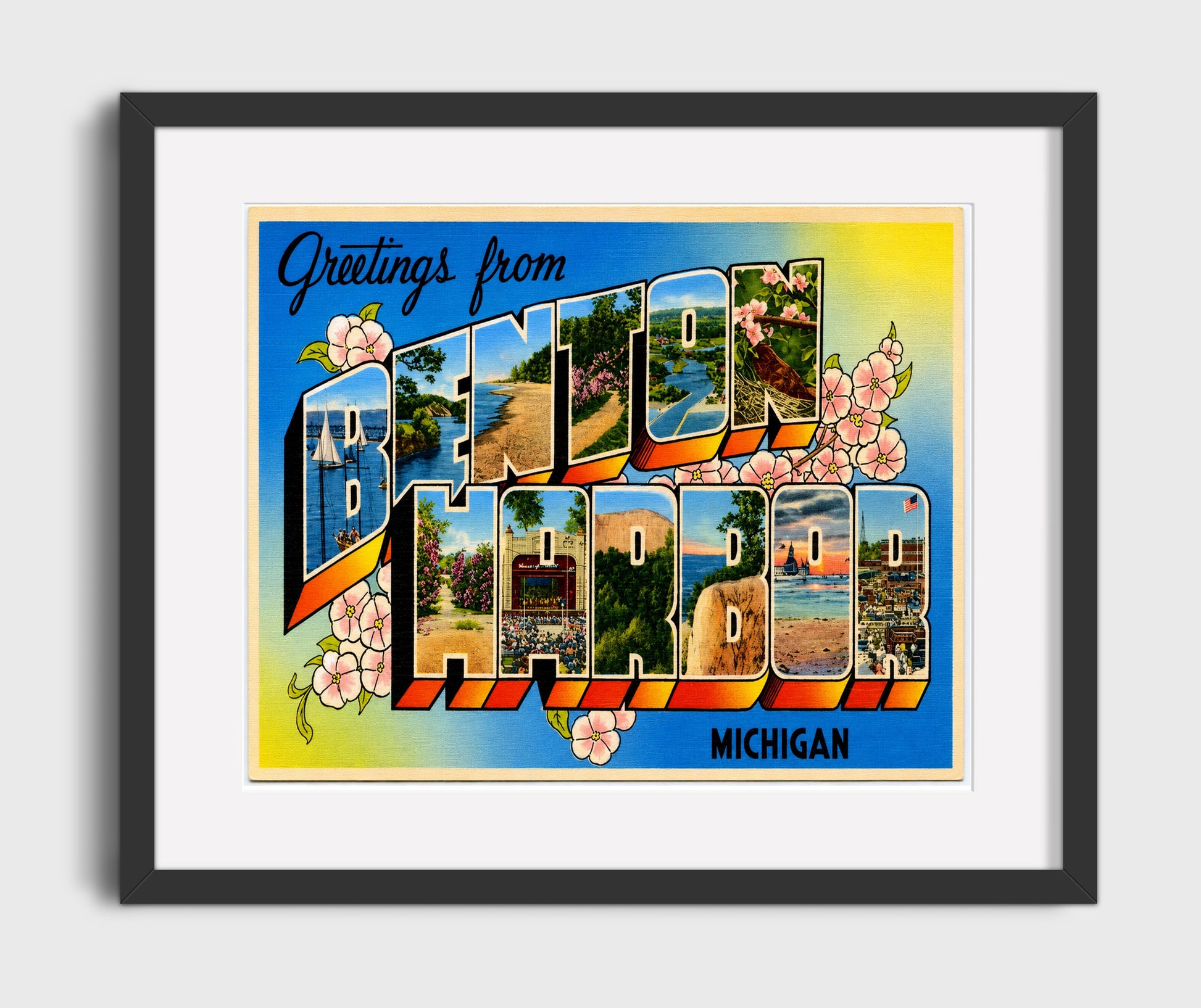 Benton Harbor, Michigan Vintage Postcard - Vintage American Wall Art 16x20 Gallery Framed Artwork wall art print – framed decor