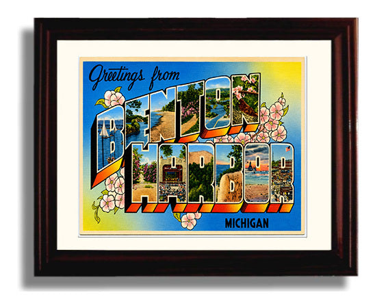 Greetings from Benton Harbor, Michigan 8x10 Beveled Frame vintage postcard wall art
