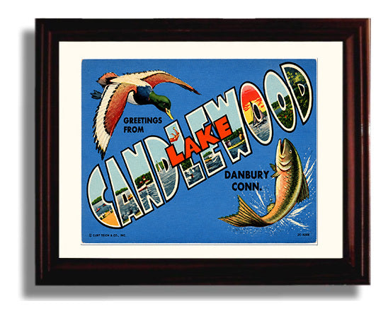 Greetings from Candlewood Lake, Connecticut 8x10 Beveled Frame vintage postcard wall art