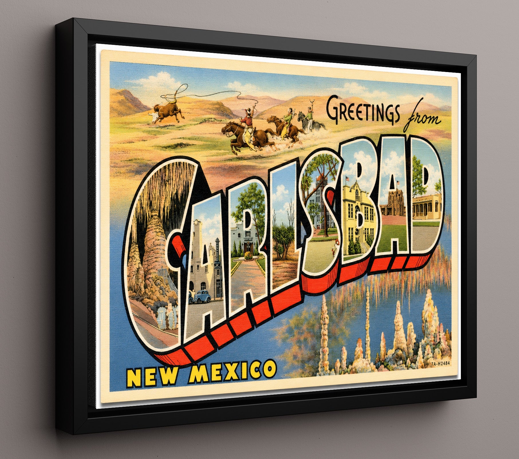 Carlsbad, New Mexico Vintage Postcard - Vintage American Wall Art 16x20 Floating Canvas Display wall art print – framed decor