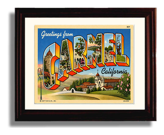 Greetings from Carmel, California 8x10 Beveled Frame vintage postcard wall art