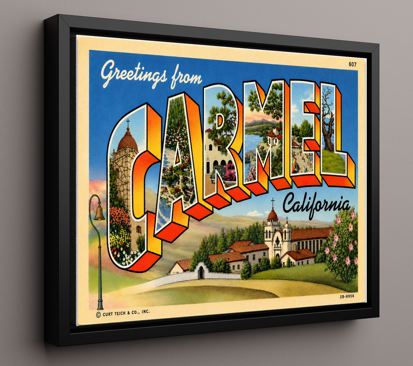 Carmel, California Vintage Postcard - Vintage American Wall Art 16x20 Floating Canvas Display wall art print – framed decor