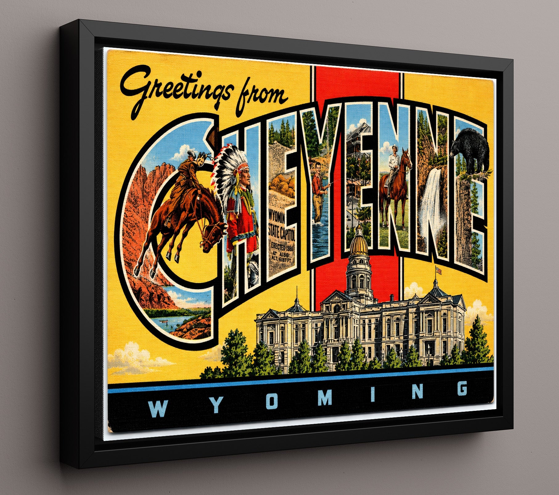 Greetings from Cheyenne, Wyoming 8x10 Framed Canvas vintage postcard wall art
