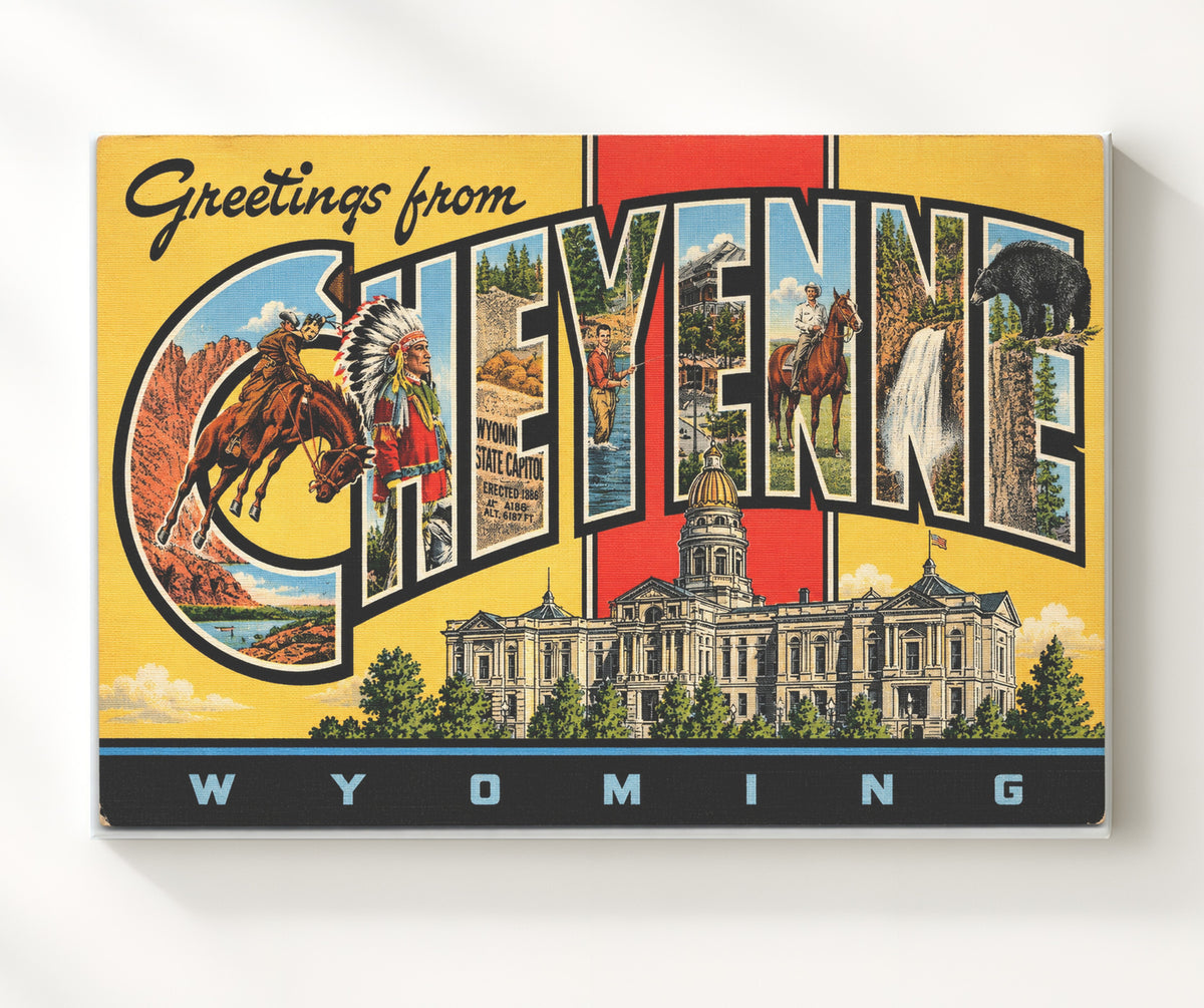Greetings from Cheyenne, Wyoming 8x10 Canvas vintage postcard wall art