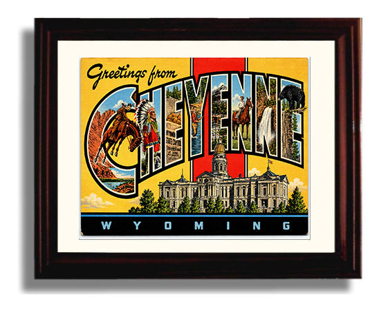 Greetings from Cheyenne, Wyoming 8x10 Beveled Frame vintage postcard wall art
