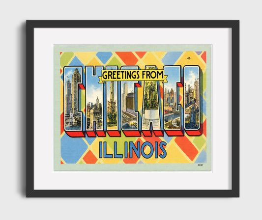 Greetings from Chicago, Illinois - Decorative Design Postcard - 16x20 Gallery Frame
