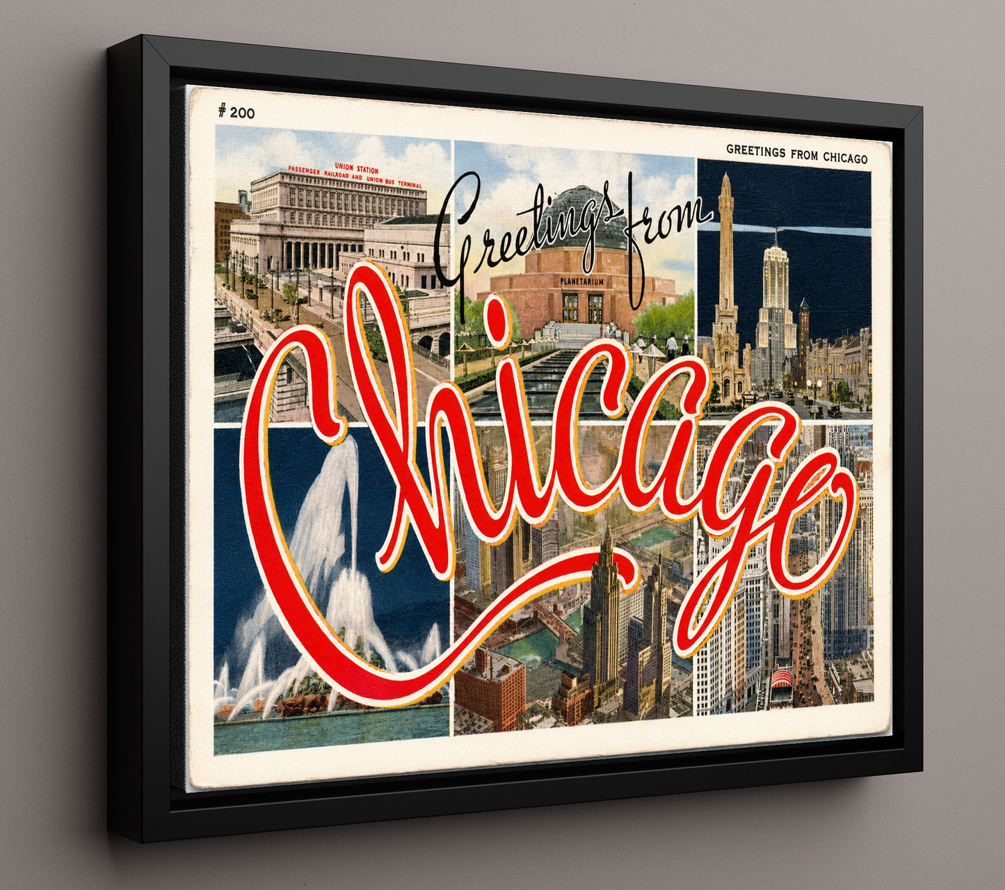 Chicago Illinois - Script Design Vintage Postcard - Vintage American Wall Art 16x20 Floating Canvas Display wall art print – framed decor