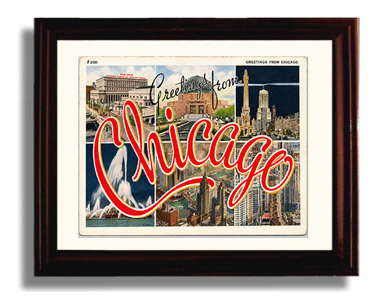 Chicago Illinois - Script Design Vintage Postcard - Vintage American Wall Art Framed 8x10 Matted Beveled Frame wall art print – framed decor