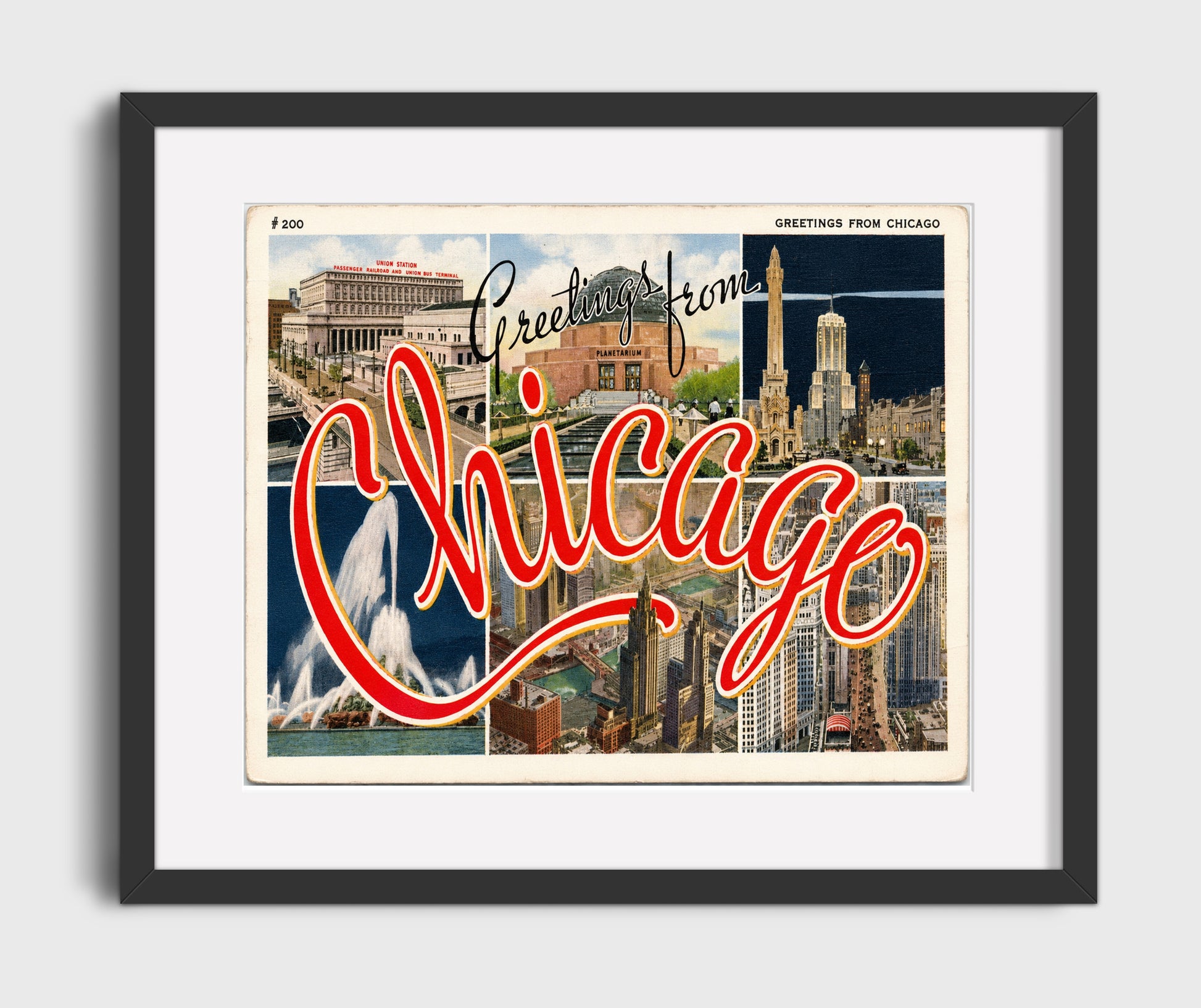 Chicago Illinois - Script Design Vintage Postcard - Vintage American Wall Art 16x20 Gallery Framed Artwork wall art print – framed decor