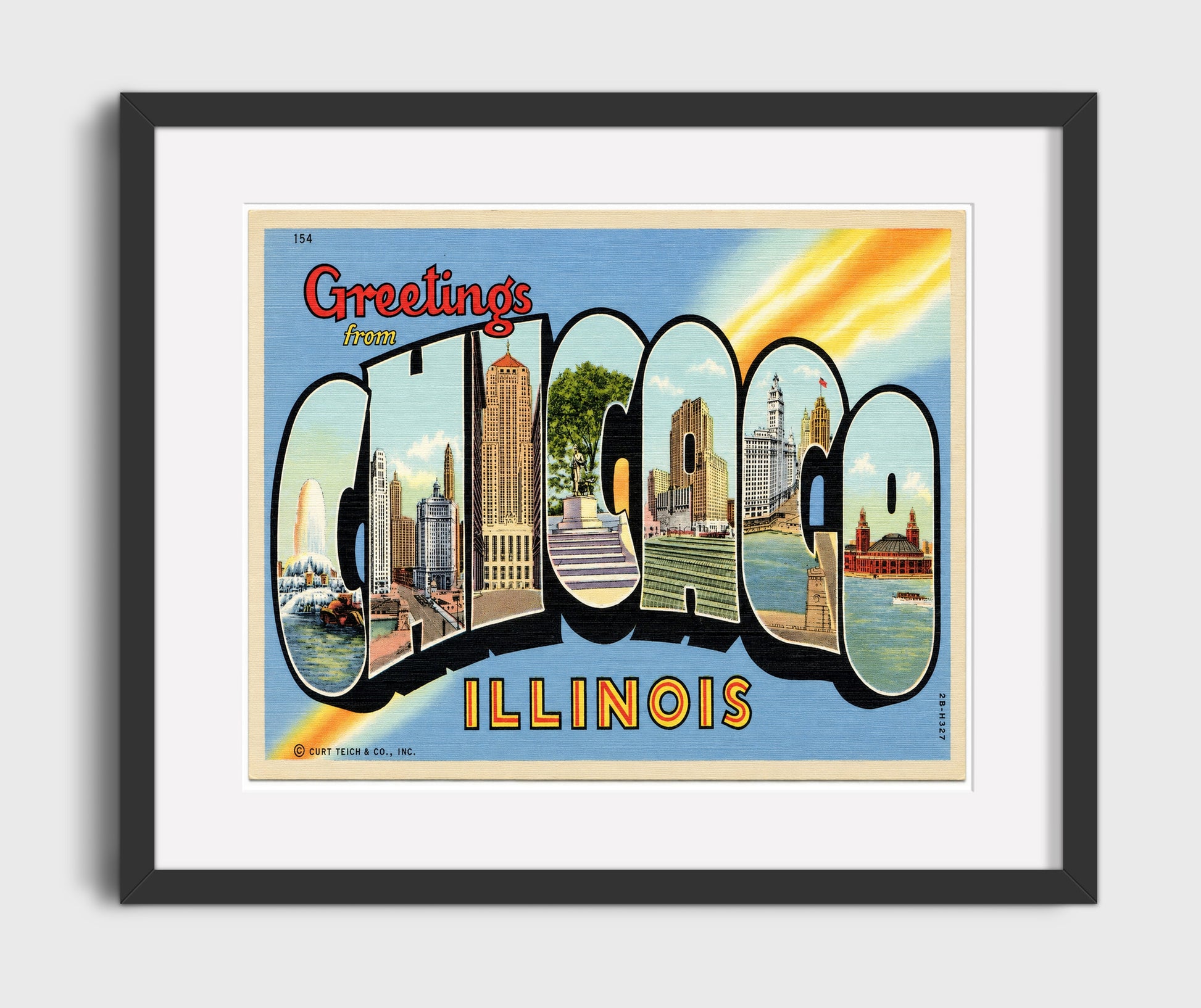 Greetings from Chicago, Illinois - Skyline 16x20 Gallery Frame vintage postcard wall art
