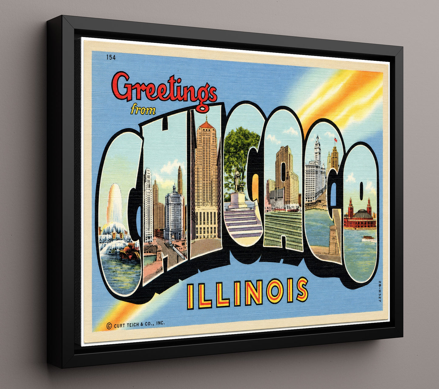 Greetings from Chicago, Illinois - Skyline 8x10 Framed Canvas vintage postcard wall art
