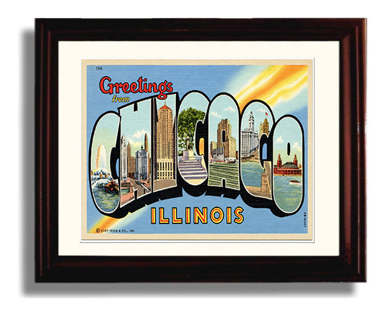 Greetings from Chicago, Illinois - Skyline 8x10 Beveled Frame vintage postcard wall art