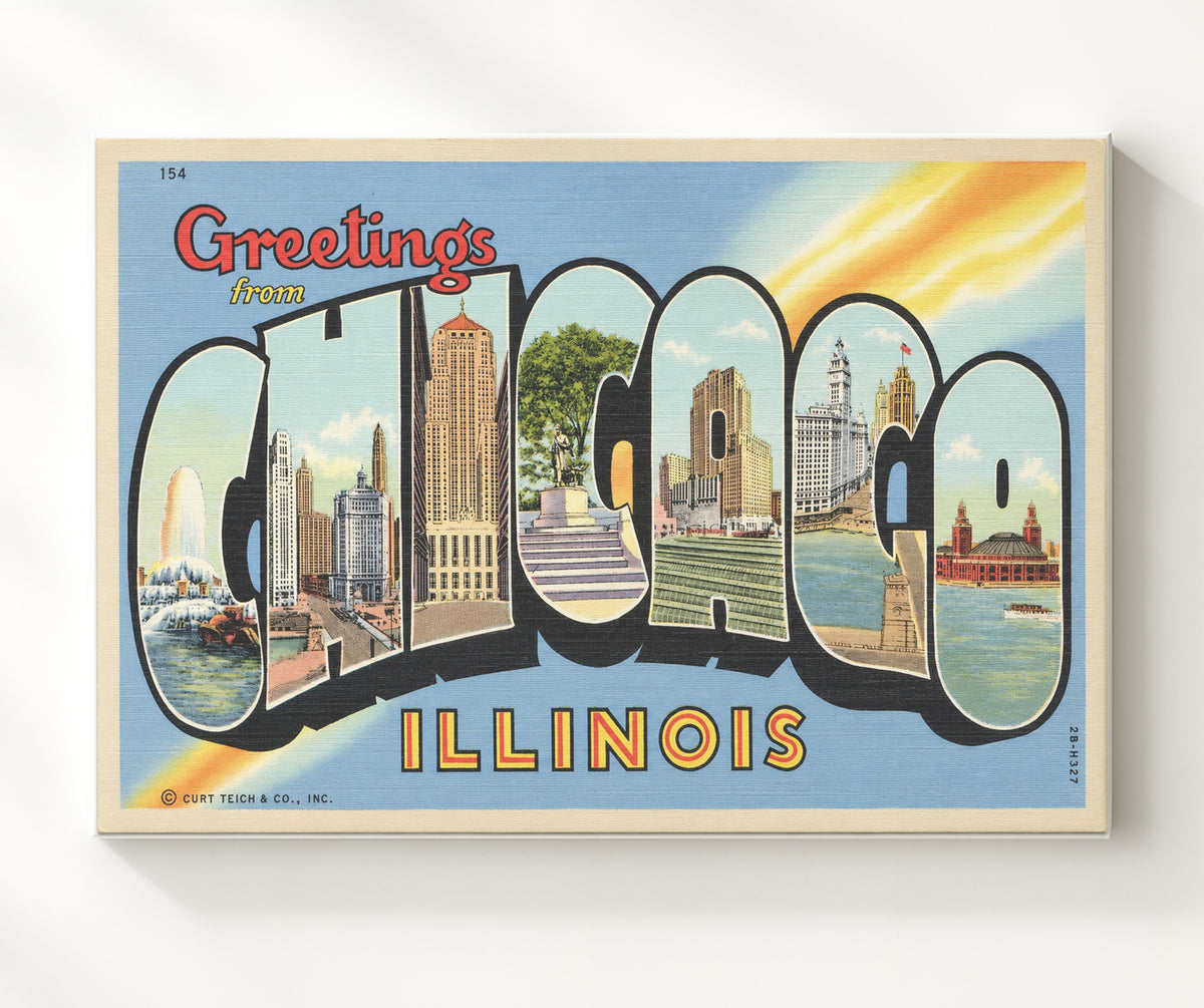 Greetings from Chicago, Illinois - Skyline 8x10 Canvas vintage postcard wall art
