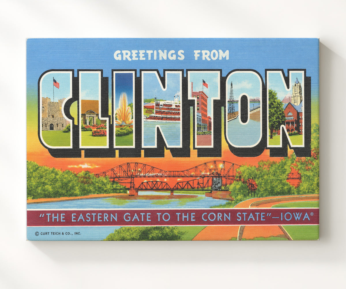 Greetings from Clinton, Iowa 8x10 Canvas vintage postcard wall art