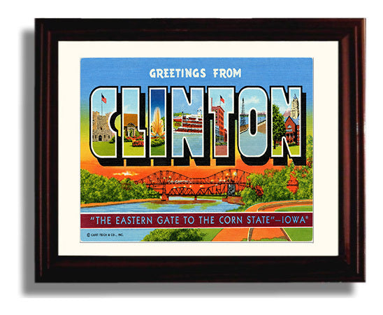 Greetings from Clinton, Iowa 8x10 Beveled Frame vintage postcard wall art
