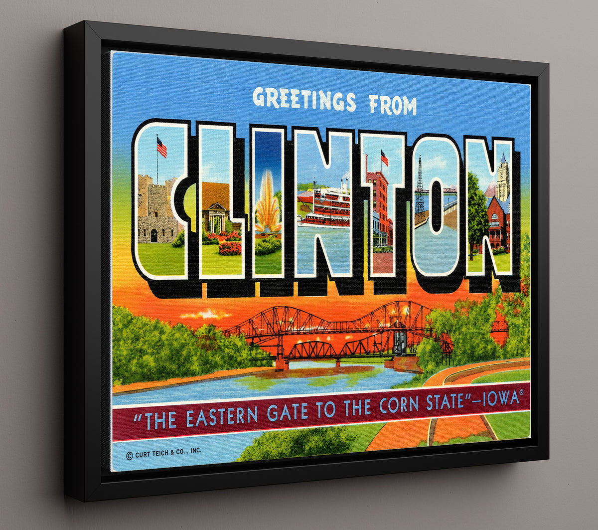 Greetings from Clinton, Iowa 8x10 Framed Canvas vintage postcard wall art