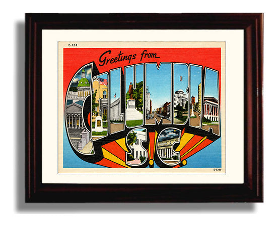 Greetings from Columbia, South Carolina 8x10 Beveled Frame vintage postcard wall art