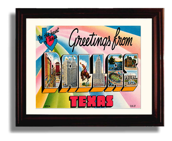 Greetings from Dallas, Texas 8x10 Beveled Frame vintage postcard wall art