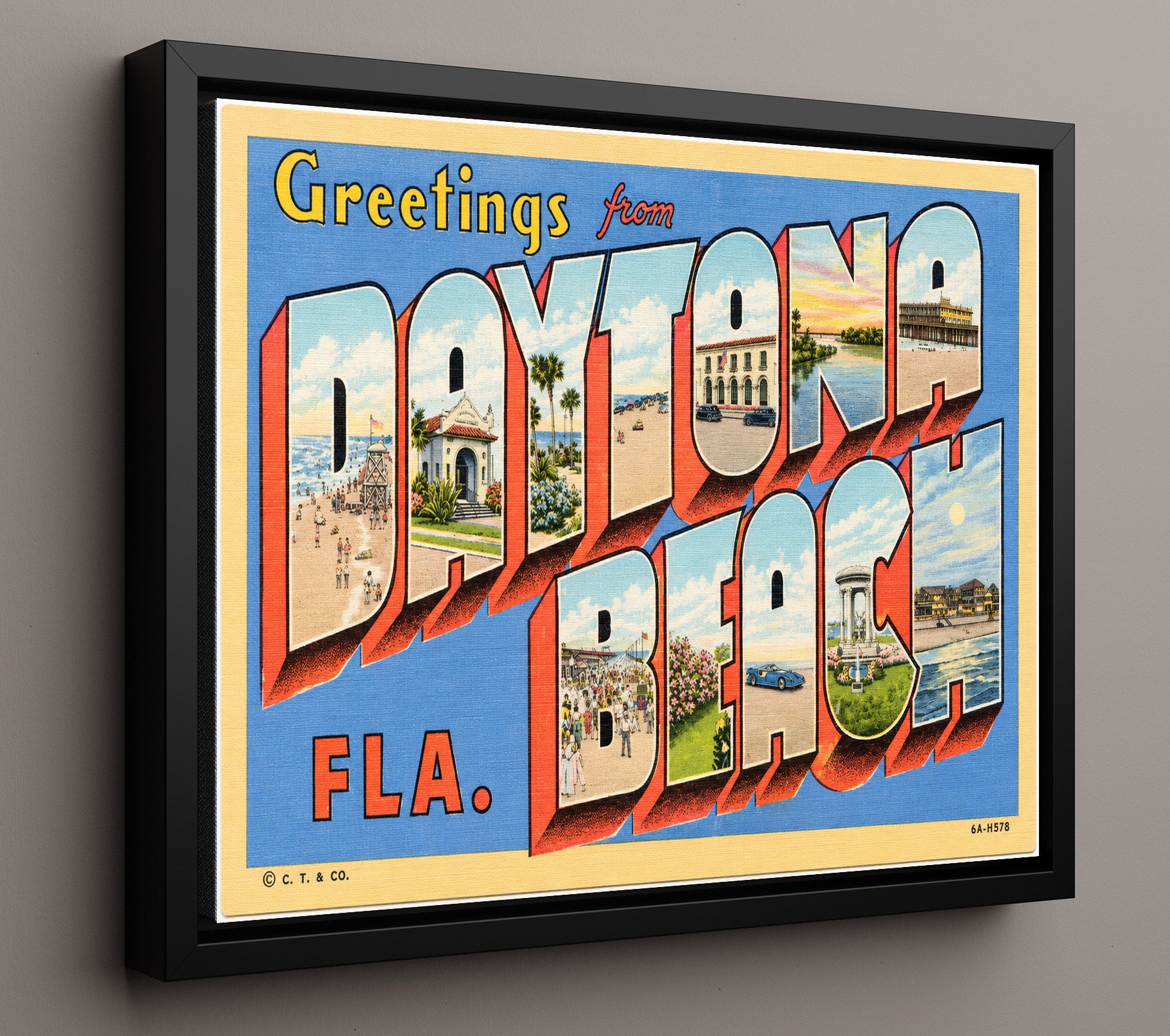 Daytona Beach Florida - Classic Design Vintage Postcard - Vintage American Wall Art 16x20 Floating Canvas Display wall art print – framed decor