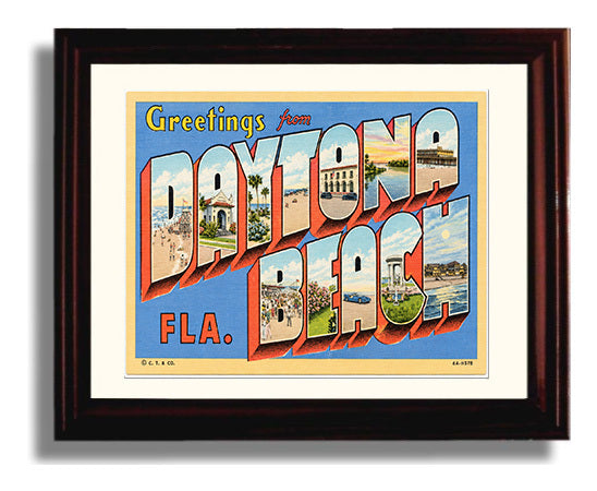 Daytona Beach Florida - Classic Design Vintage Postcard - Vintage American Wall Art Framed 8x10 Matted Beveled Frame wall art print – framed decor