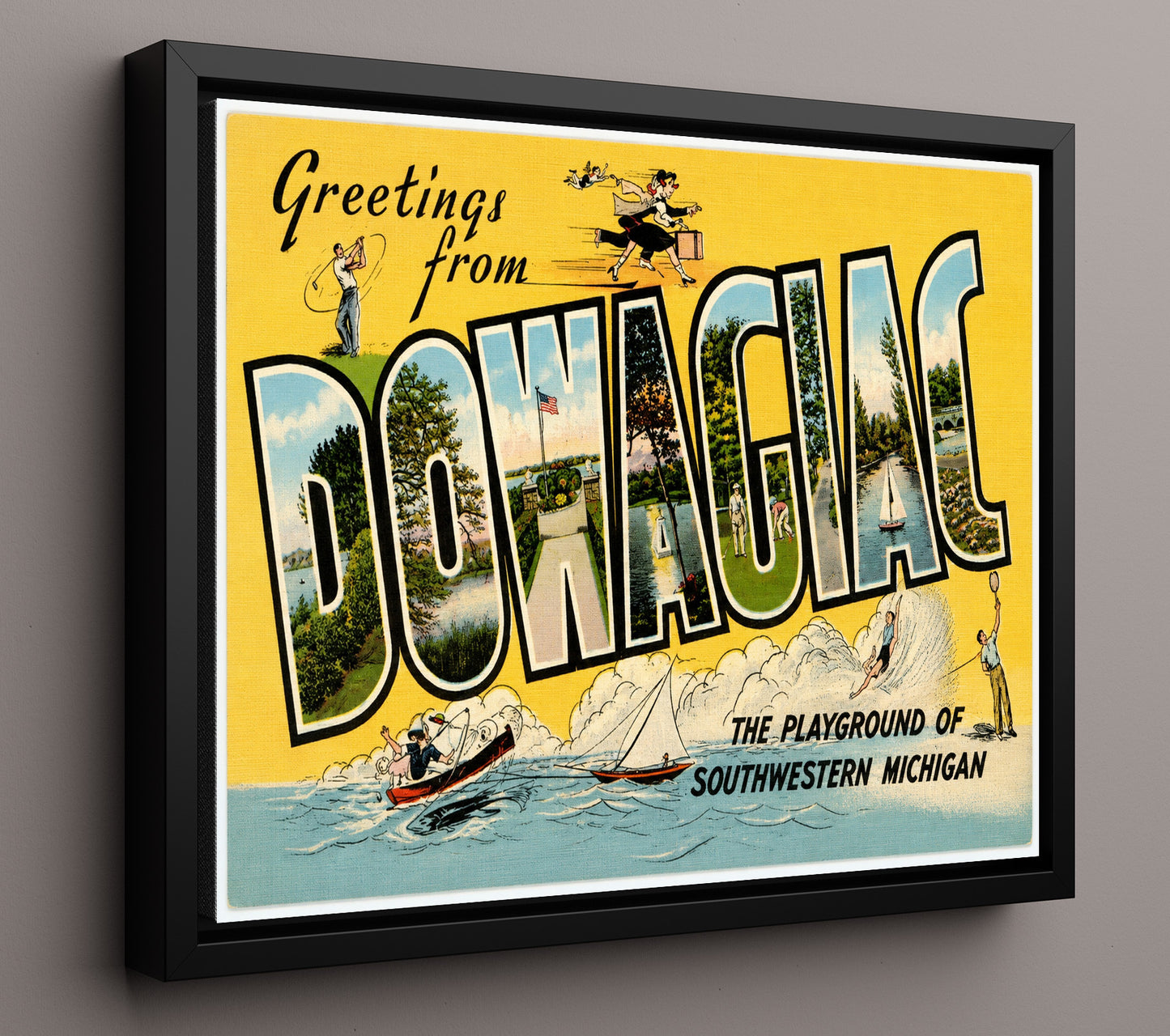 Dowagiac, Michigan Vintage Postcard - Vintage American Wall Art 16x20 Floating Canvas Display wall art print – framed decor