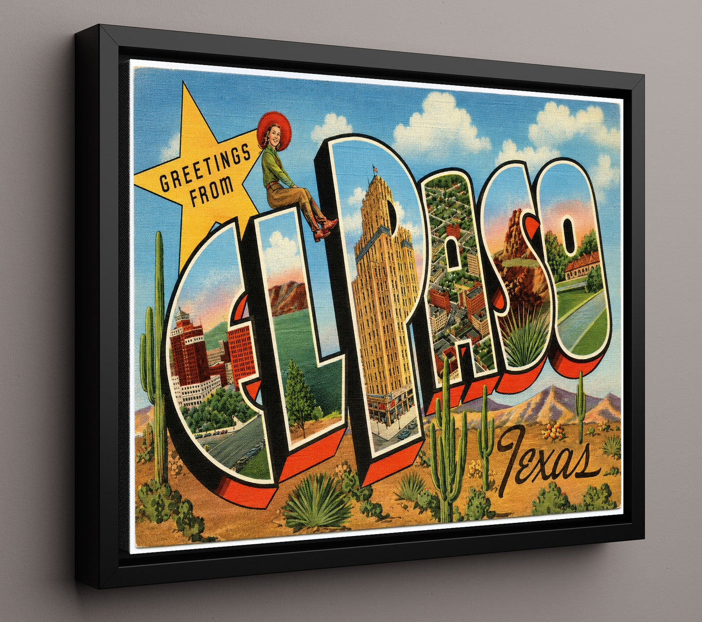 El Paso, Texas Vintage Postcard - Vintage American Wall Art 16x20 Floating Canvas Display wall art print – framed decor