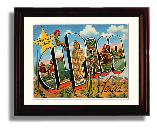 El Paso, Texas Vintage Postcard - Vintage American Wall Art Framed 8x10 Matted Beveled Frame wall art print – framed decor