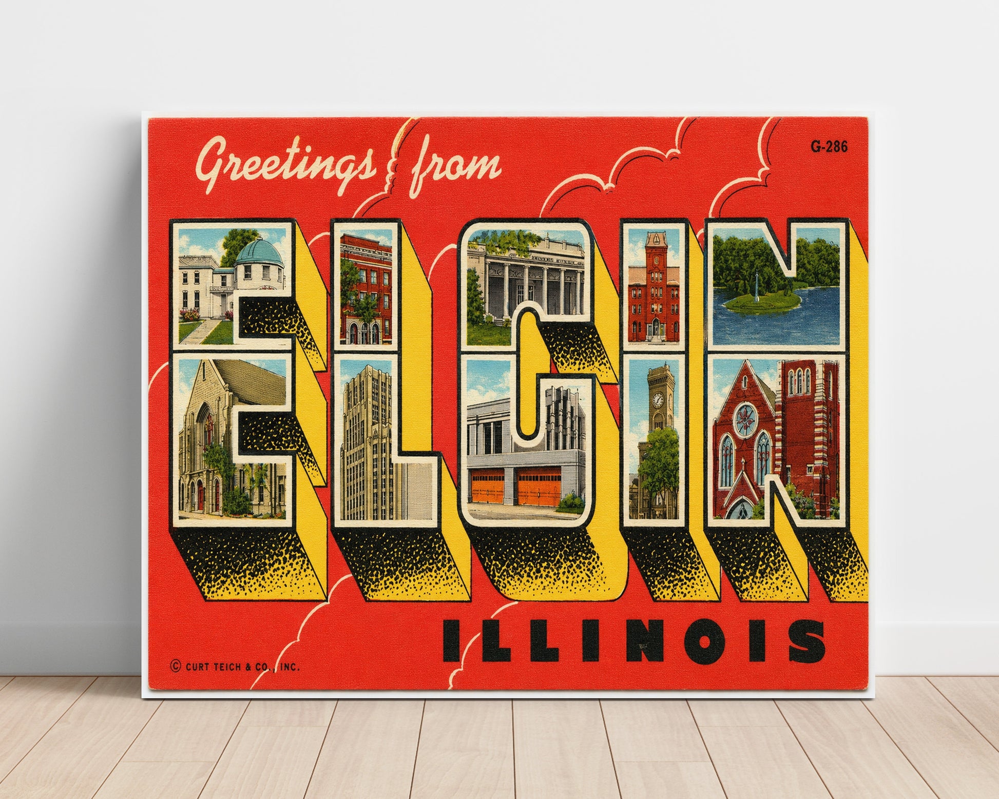 Greetings from Elgin, Illinois 8x10 Unframed Print vintage postcard wall art