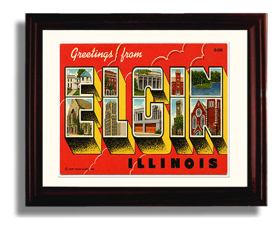 Greetings from Elgin, Illinois 8x10 Beveled Frame vintage postcard wall art
