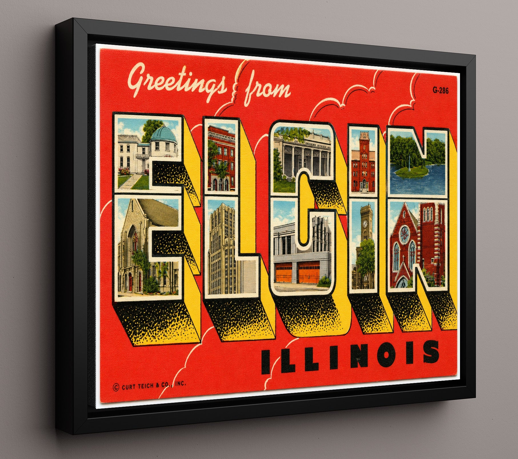 Elgin, Illinois Vintage Postcard - Vintage American Wall Art 16x20 Floating Canvas Display wall art print – framed decor
