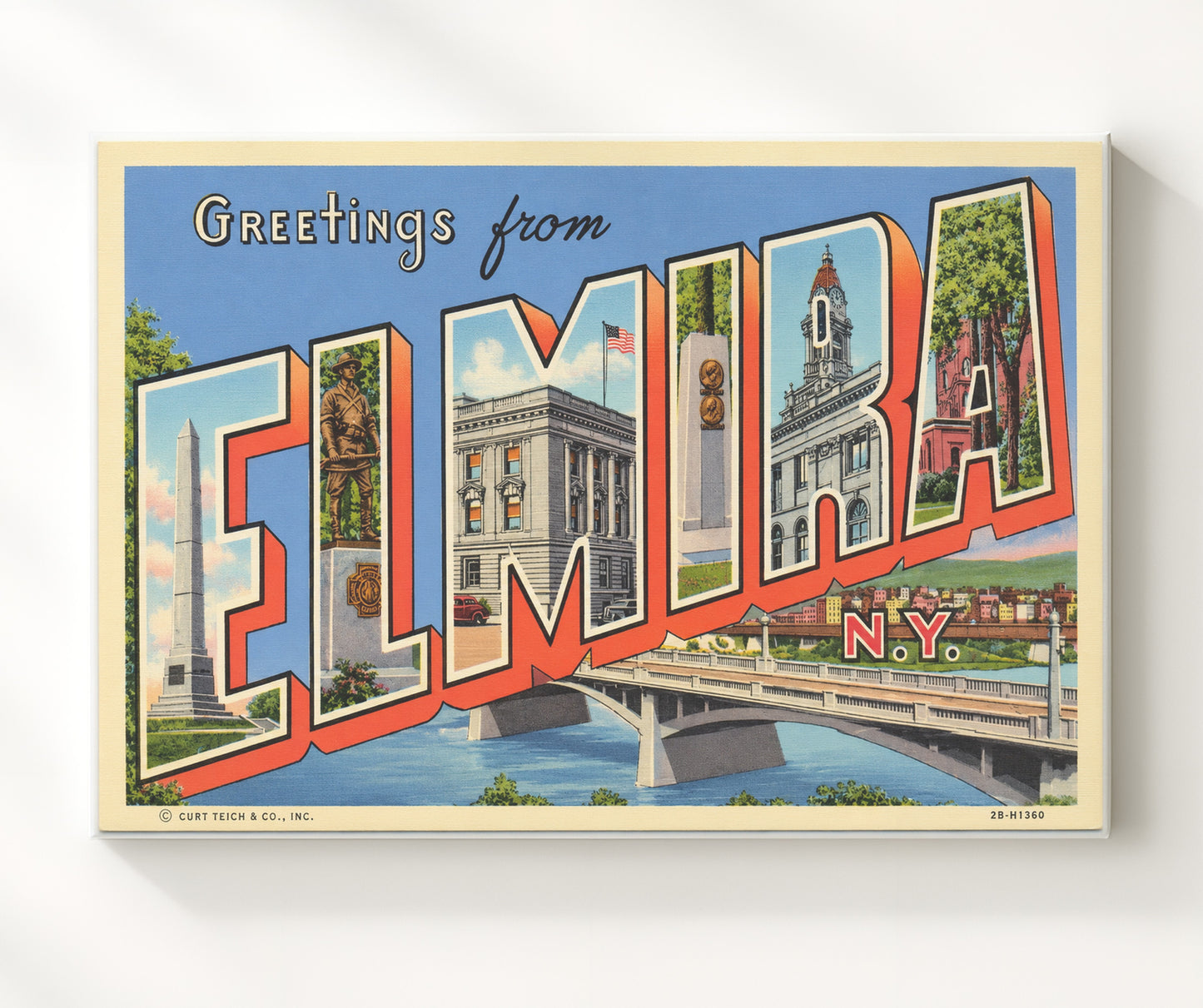 Greetings from Elmira, New York 8x10 Canvas vintage postcard wall art