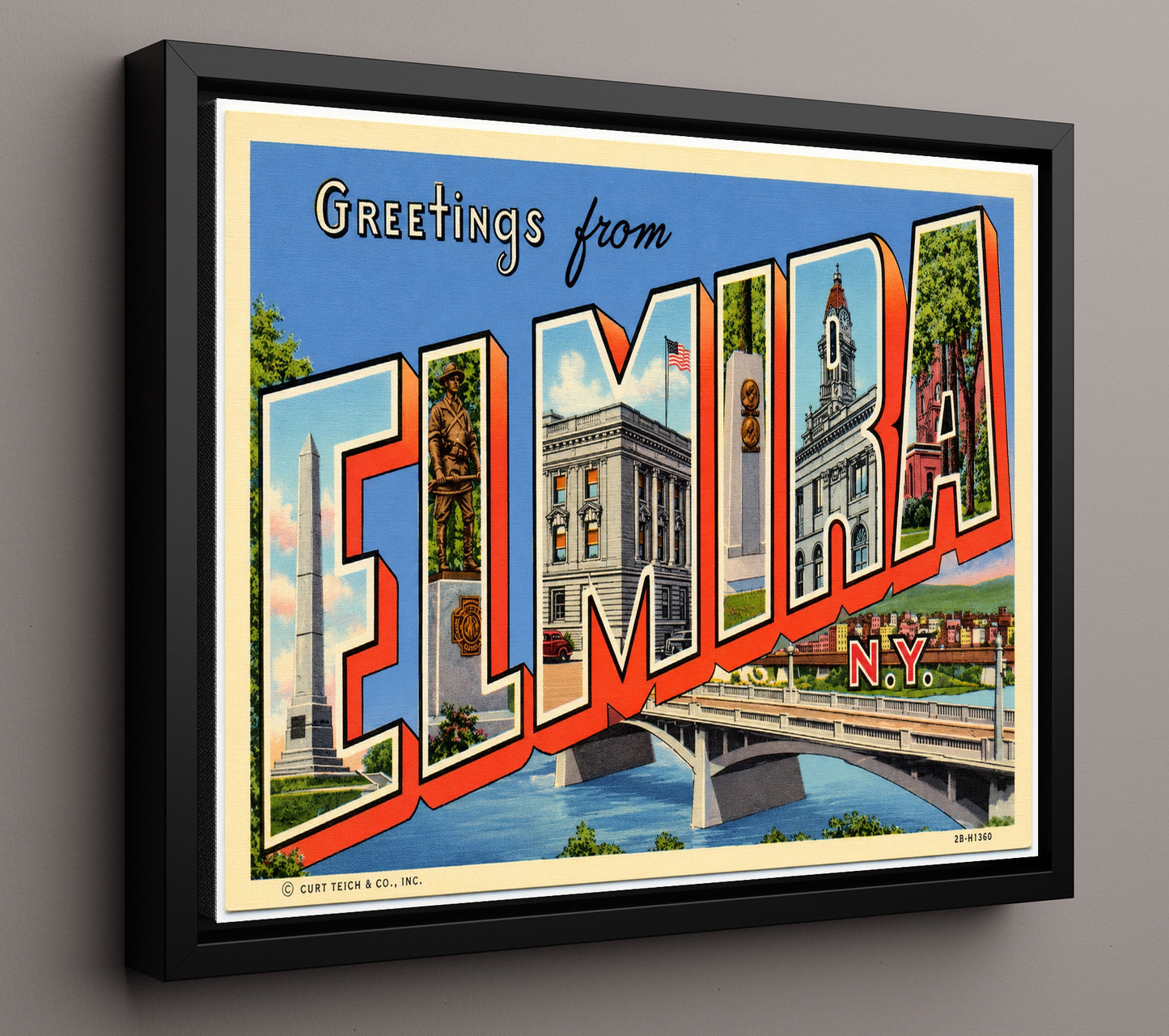 Elmira, New York Vintage Postcard - Vintage American Wall Art 16x20 Floating Canvas Display wall art print – framed decor