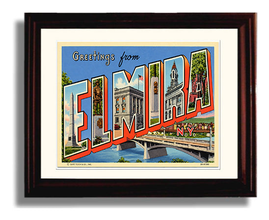 Greetings from Elmira, New York 8x10 Beveled Frame vintage postcard wall art