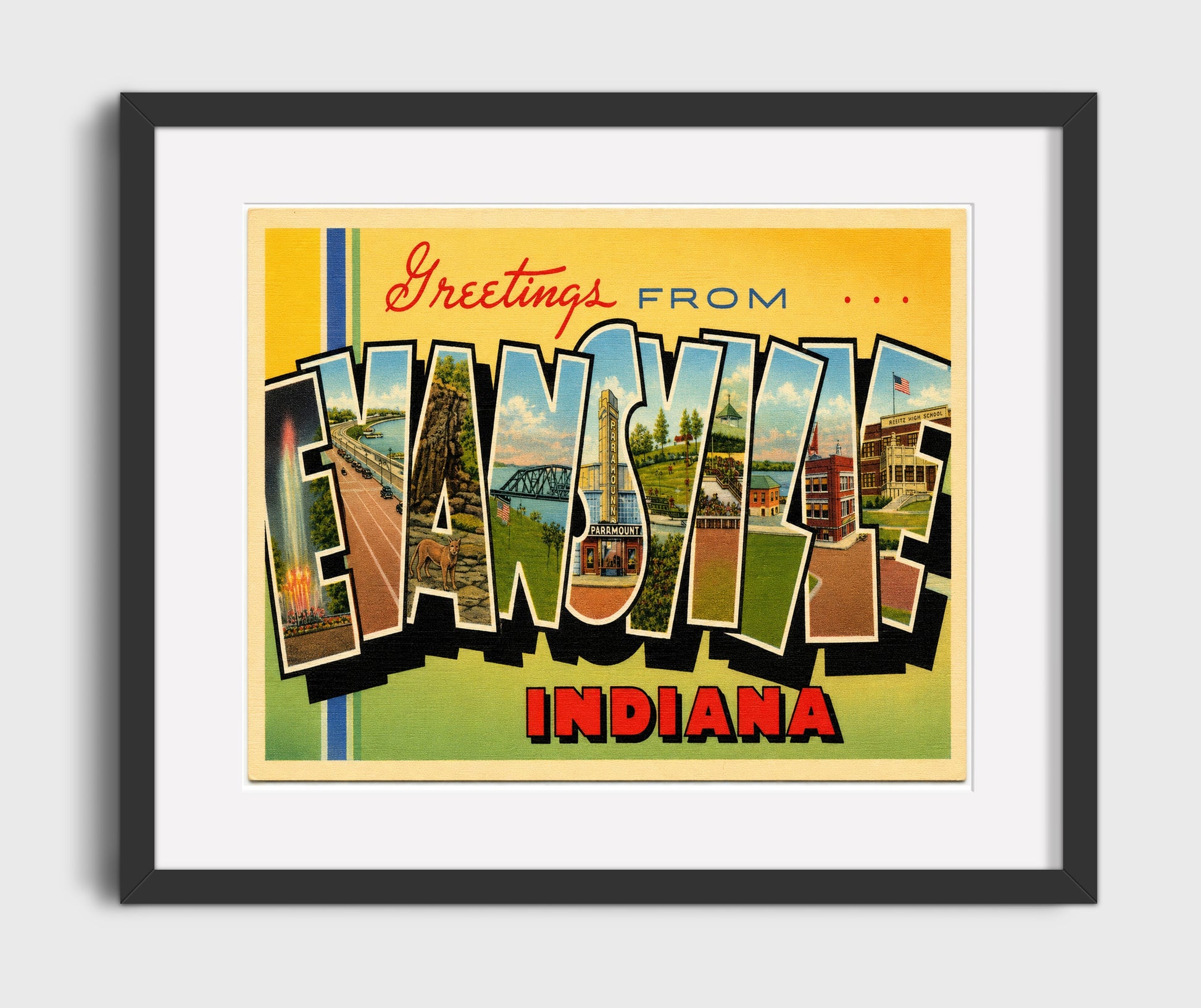 Evansville, Indiana Vintage Postcard - Vintage American Wall Art 16x20 Gallery Framed Artwork wall art print – framed decor