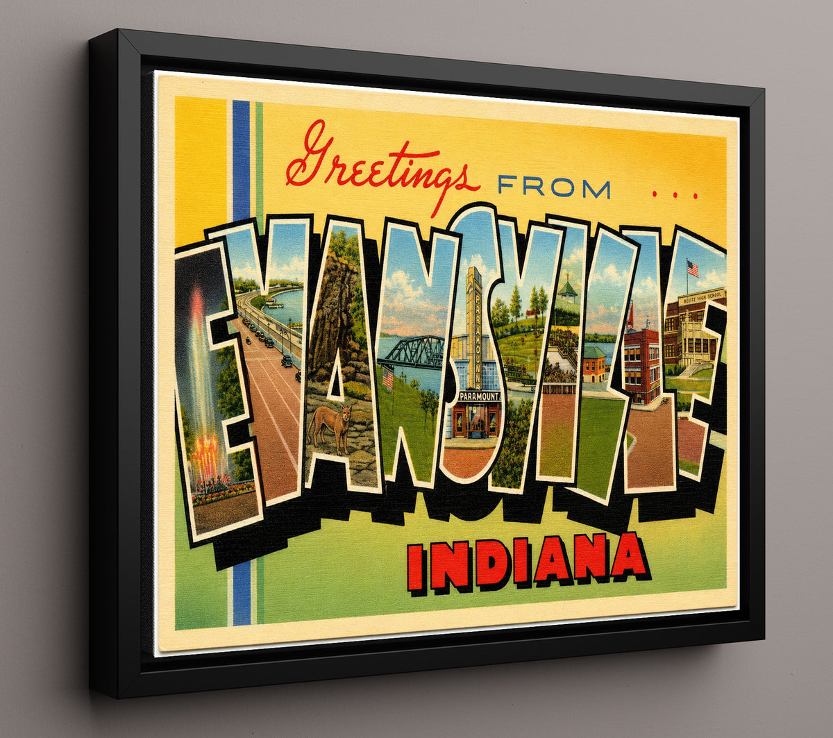 Greetings from Evansville, Indiana 8x10 Framed Canvas vintage postcard wall art