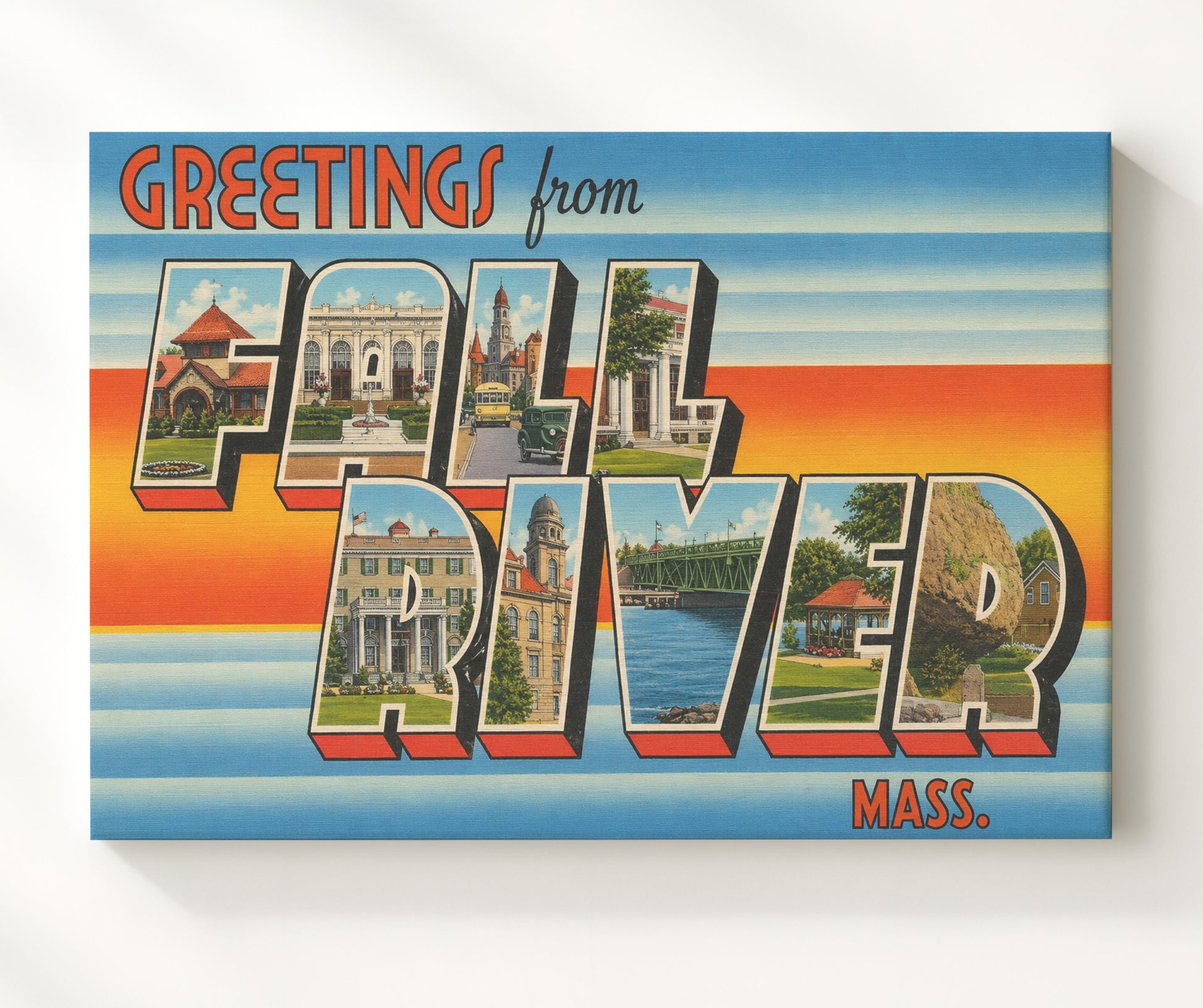Fall River, Massachusetts Vintage Postcard - Vintage American Wall Art 16x20 Canvas Wall Art wall art print – canvas decor