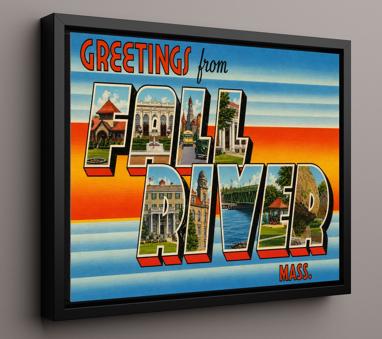 Fall River, Massachusetts Vintage Postcard - Vintage American Wall Art 16x20 Floating Canvas Display wall art print – framed decor