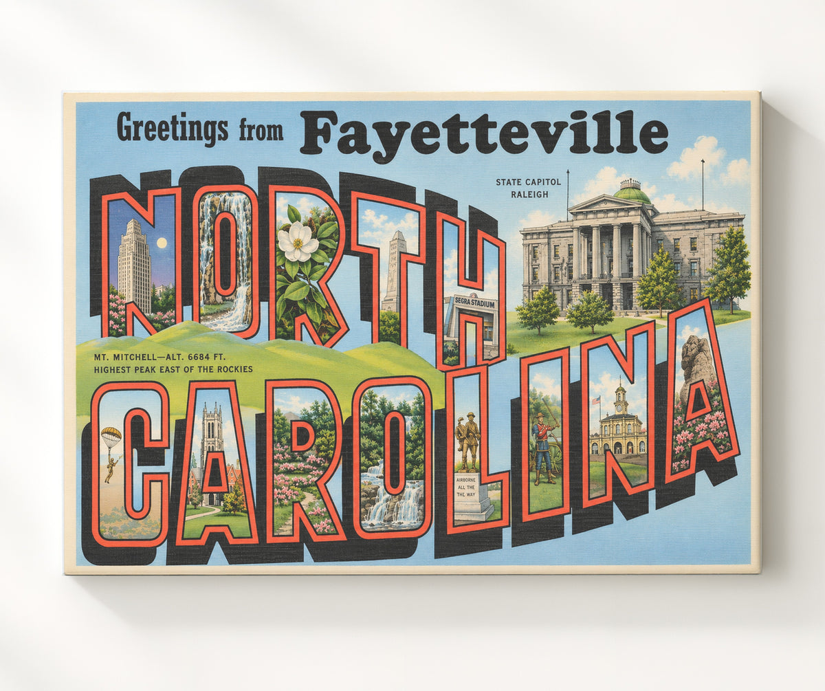 Greetings from Fayetteville, North Carolina 8x10 Canvas vintage postcard wall art