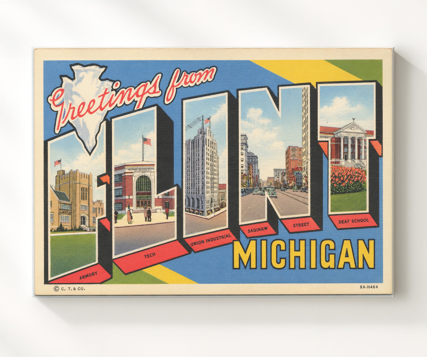 Greetings from Flint, Michigan 8x10 Canvas vintage postcard wall art